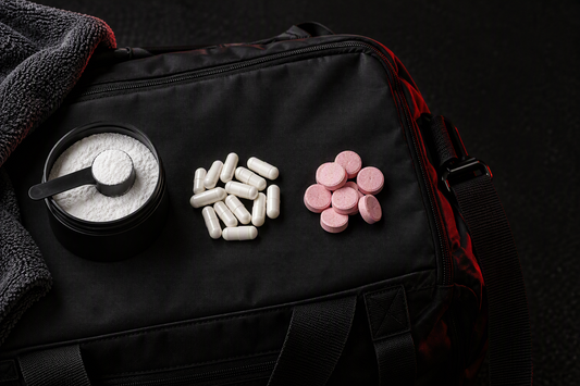 Creatine powder, capsules and chewable tablets arranged for comparison