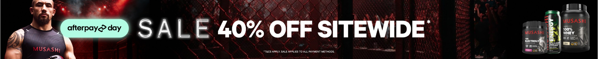 A promotional banner with a muscular man on the left and supplement bottles on the right, featuring large text that reads 'SALE 40% OFF SITEWIDE' and a circular badge that says 'afterpay 2-day'.