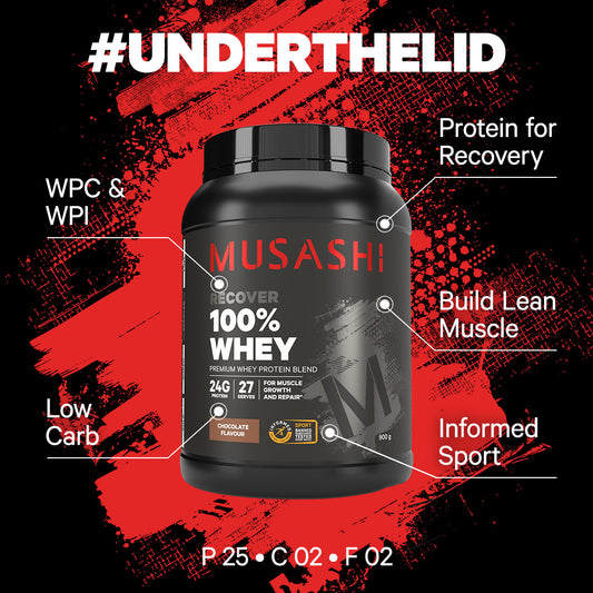 Musashi 100% Whey Protein Powder Under the Lid