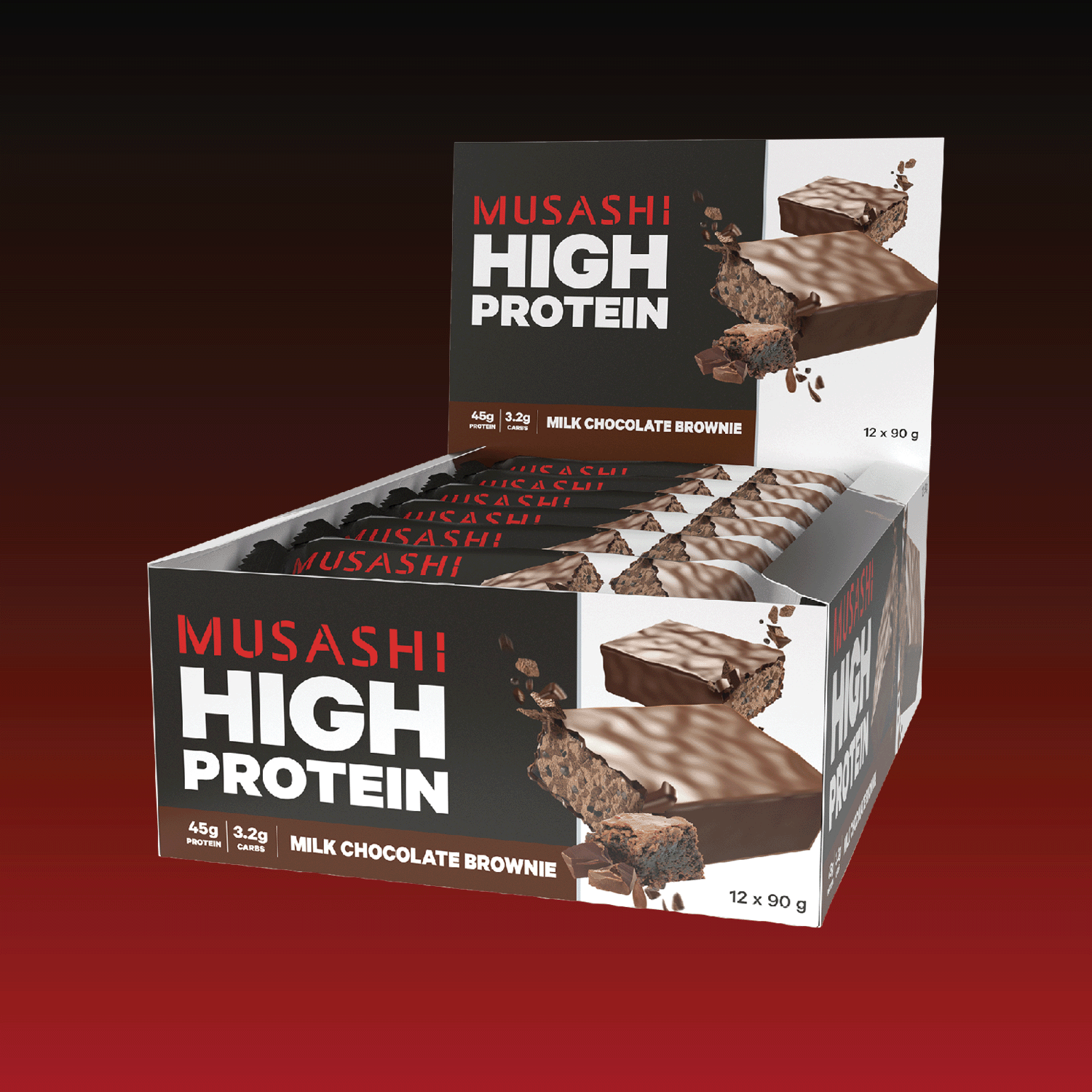 Musashi Protein Bar Milk Chocolate Brownie High Protein Bar 90g (Box of 12 Bars)