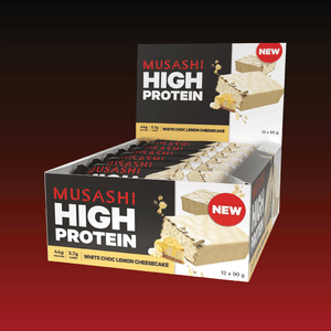 Musashi Protein Bar White Choc Lemon Cheesecake High Protein Bar 90g (Box of 12 Bars)