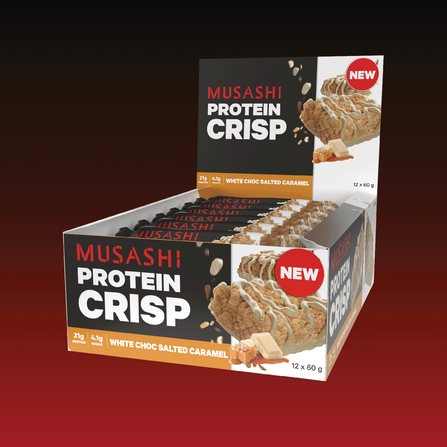 Musashi Protein Bar White Choc Salted Caramel Protein Crisp Bar 60g (Box of 12 Bars)