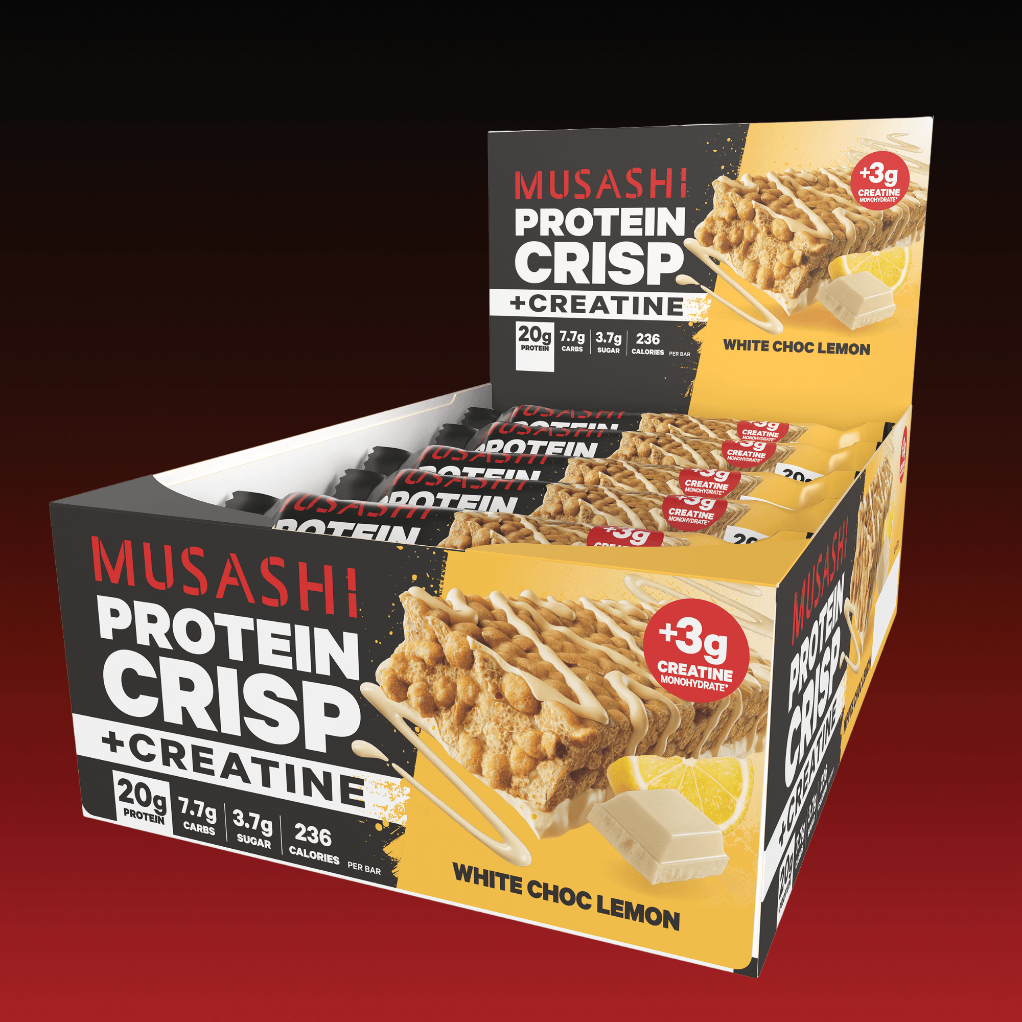 Musashi Protein Bar White Choc Lemon Protein Crisp + Creatine Bar (Box of 12)