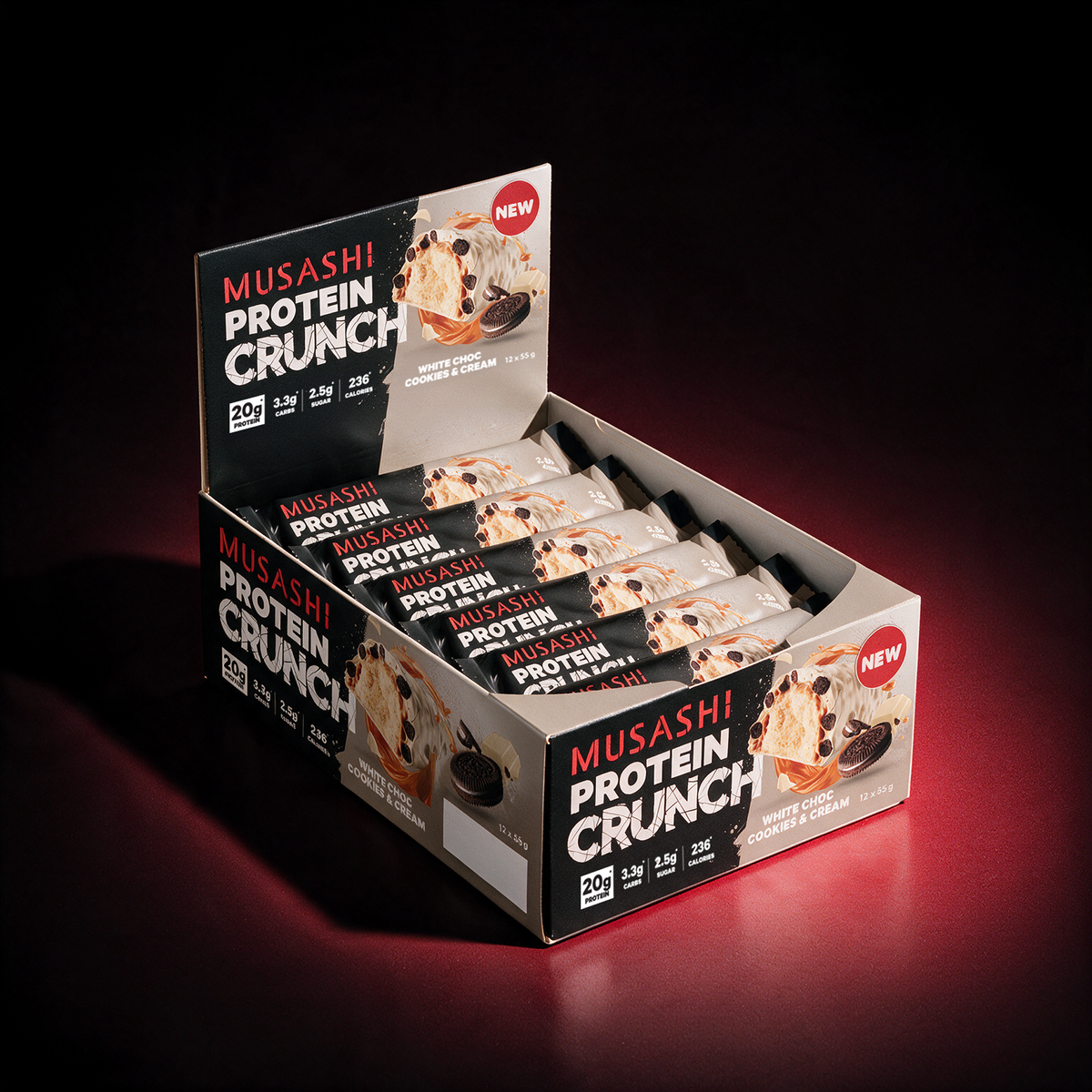 Musashi Protein Bar White Choc Cookies & Cream Protein Crunch Bar (Box of 12)