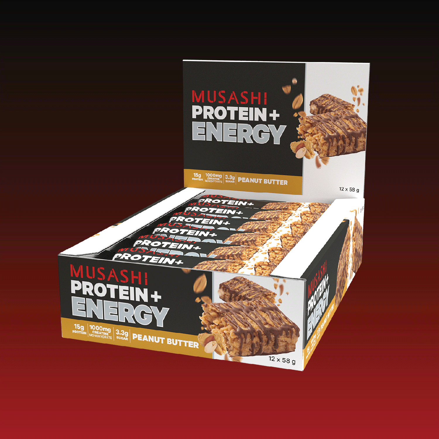 Musashi Protein Bar Peanut Butter Protein+ Energy Bar 58g (Box of 12 Bars)